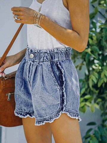 Stretch Elastic Waist Ruffled Denim Shorts