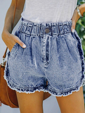 Stretch Elastic Waist Ruffled Denim Shorts