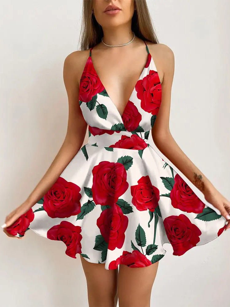 Sling V-Neck Print Sleeveless Mini Dress