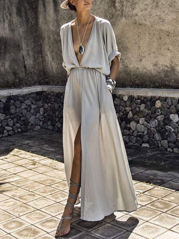 Solid V-Neck Mid-Sleeve Slit Dress