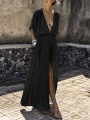 Solid V-Neck Mid-Sleeve Slit Dress