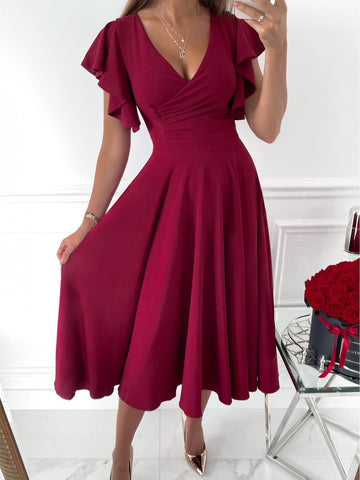 Solid V-Neck Ruffle Sleeve Dress