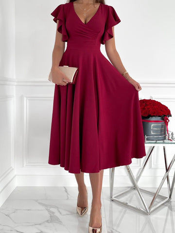 Solid V-Neck Ruffle Sleeve Dress