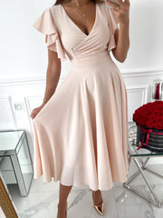 Solid V-Neck Ruffle Sleeve Dress