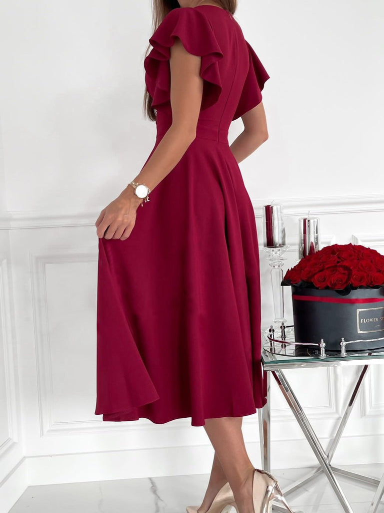 Solid V Neck High Waist Band Ruffle Hem Dress