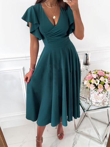 Solid V-Neck Ruffle Sleeve Dress