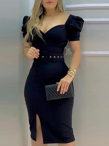 Square Neck Belt Puff Sleeve Skinny Slit Dress