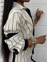 Striped Lapel Button Long Sleeve Shirt Dress