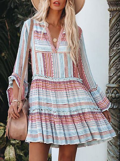 Striped Print V-Neck Long Sleeve Dress