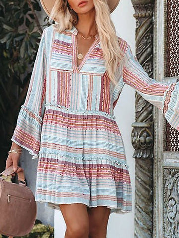 Striped Print V-Neck Long Sleeve Dress