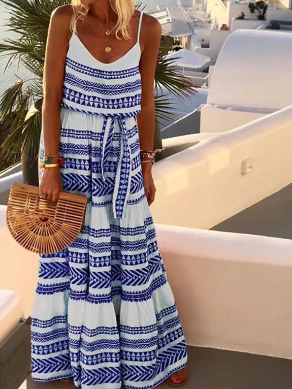 Striped Print V-Neck Sling Belted Dress