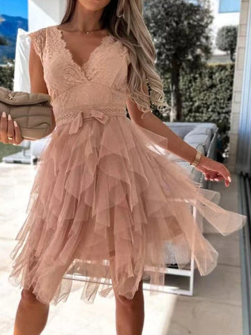 V-Neck Lace Mesh Irregular Dress