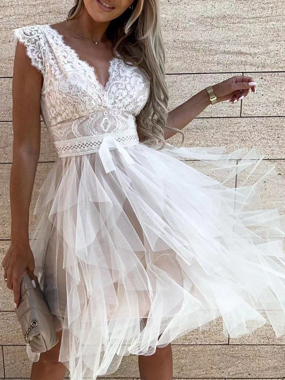 V-Neck Lace Mesh Irregular Dress