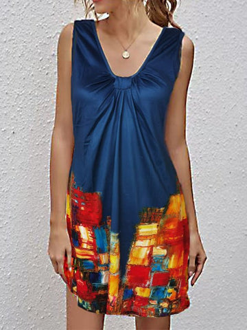 V-Neck Printed Sleeveless Casual Dress