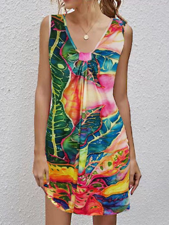 V-Neck Printed Sleeveless Casual Dress