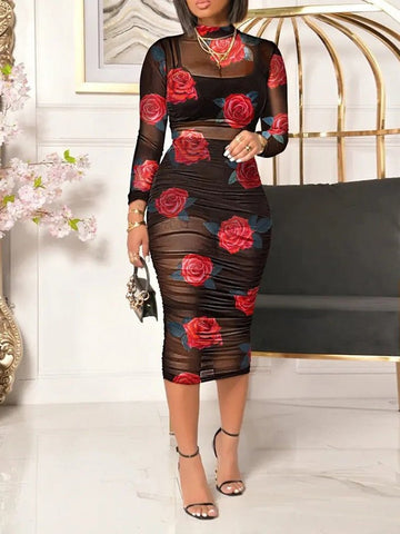 Vintage Print Mesh Long Sleeve Three Piece Dress