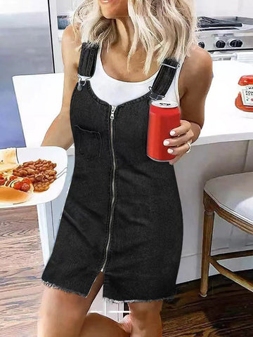 Zip Pocket Suspenders Strap Denim Dress