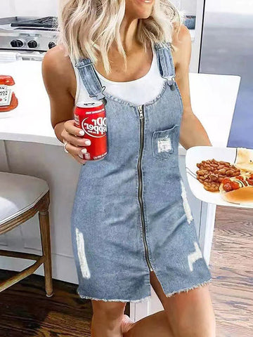 Zip Pocket Suspenders Strap Denim Dress