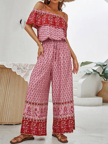 Sling Off Shoulder Print Wide Leg Jumpsuit