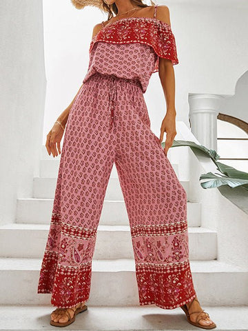 Sling Off Shoulder Print Wide Leg Jumpsuit