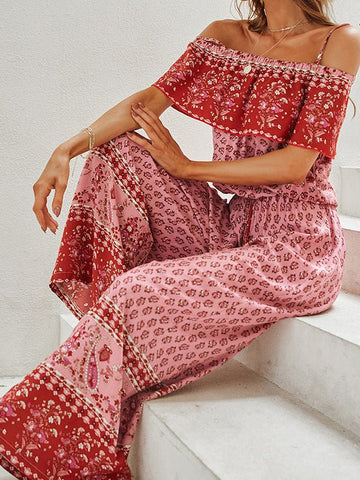 Sling Off Shoulder Print Wide Leg Jumpsuit