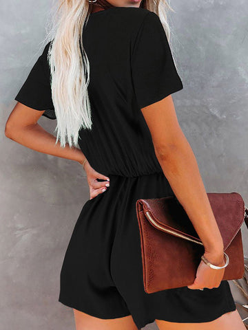 Solid V-Neck Tie Loose Short Sleeve Jumpsuit