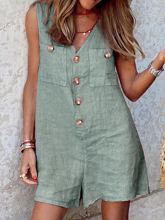 V-Neck Button Pocket Sleeveless Jumpsuit