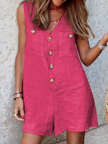 V-Neck Button Pocket Sleeveless Jumpsuit