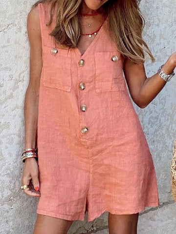 V-Neck Button Pocket Sleeveless Jumpsuit