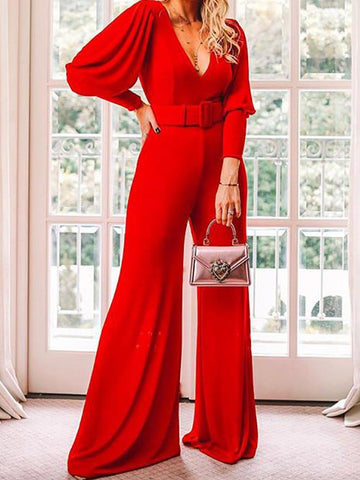 V-Neck Long Sleeve High Waist Jumpsuit