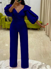 V-Neck Puff Sleeve Solid Jumpsuit