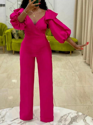 V-Neck Puff Sleeve Solid Jumpsuit