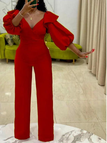 V-Neck Puff Sleeve Solid Jumpsuit