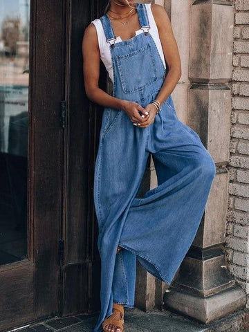 Wide-Leg Leisure Vacation Denim Jumpsuit