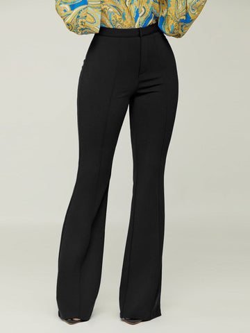 Pantalon uni slim taille haute évasé