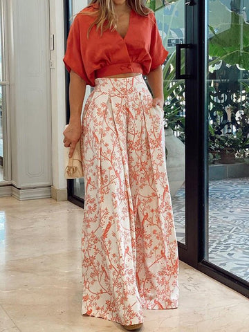 V-Neck Crop Top & Printed Wide-Leg Pants Two-Piece Set