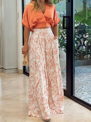 V-Neck Crop Top & Printed Wide-Leg Pants Two-Piece Set