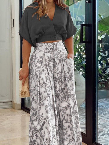 V-Neck Crop Top & Printed Wide-Leg Pants Two-Piece Set