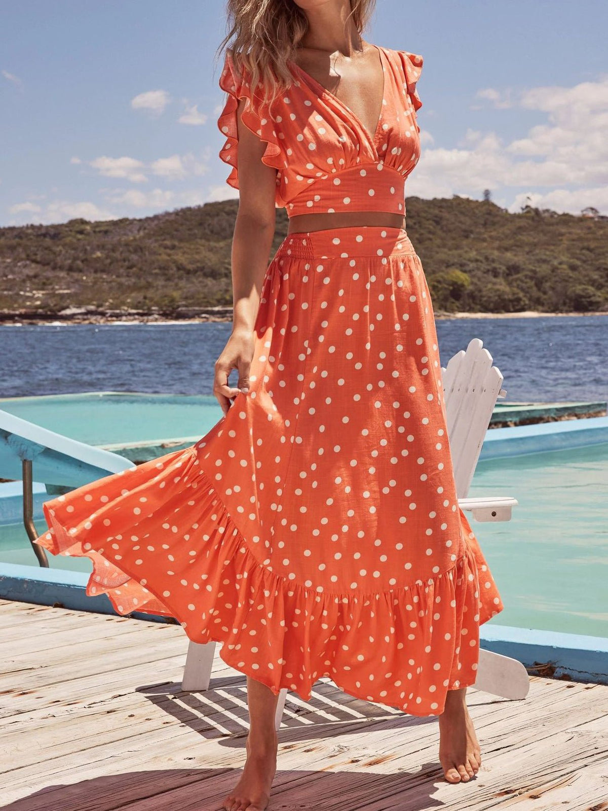 V-Neck Polka Dot Top & Ruffle Skirt Two Piece Set