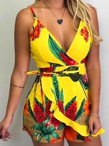 Slim Printed Suspender Shorts Jumpsuit