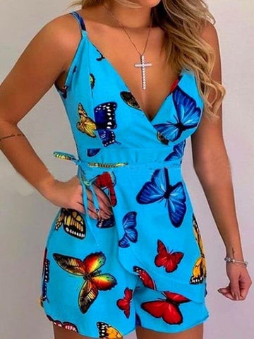 Slim Printed Suspender Shorts Jumpsuit