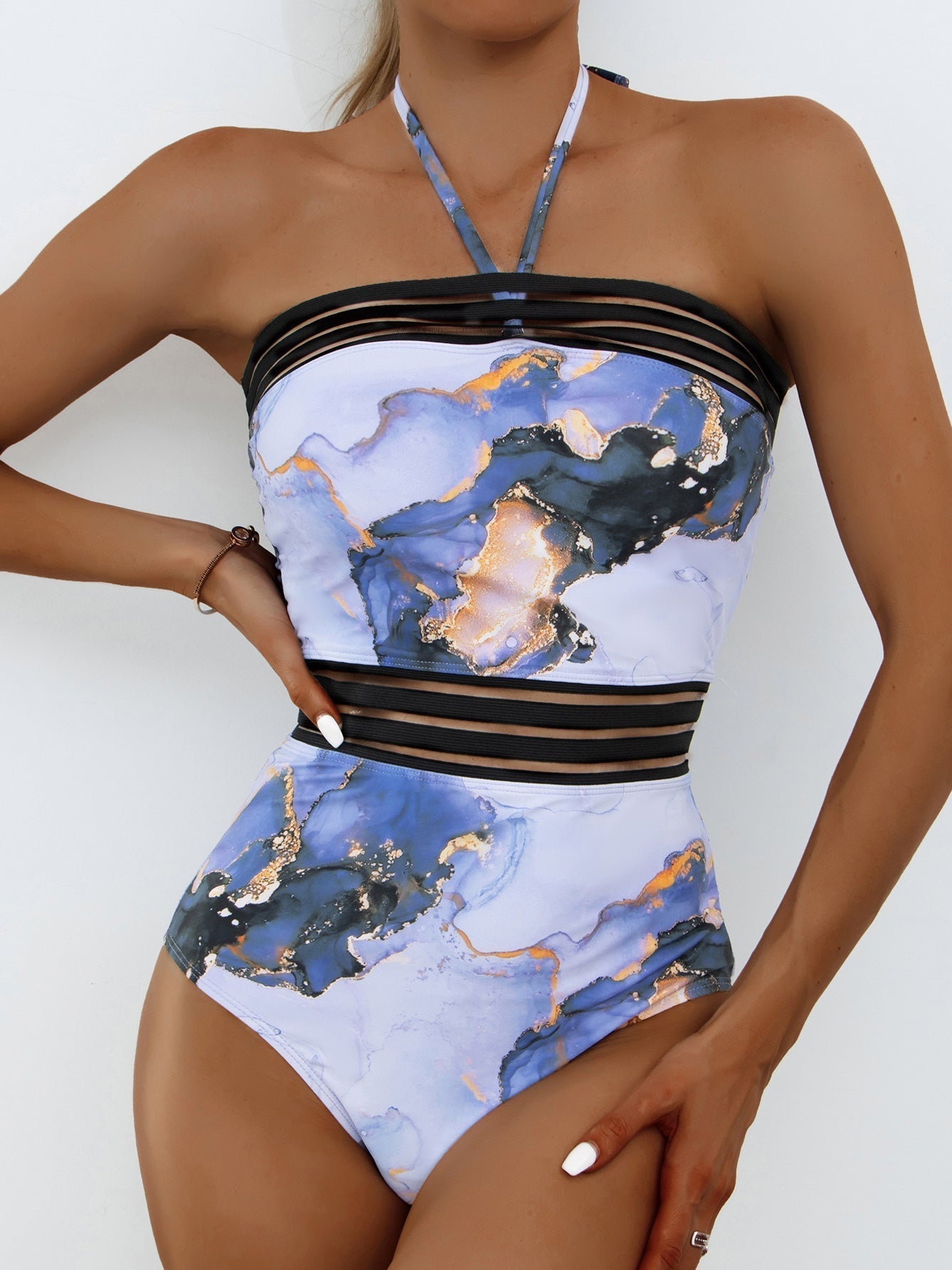 Swimsuits Printed Halter Mesh Panel One Piece Swimsuit