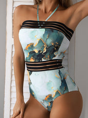 Swimsuits Printed Halter Mesh Panel One Piece Swimsuit