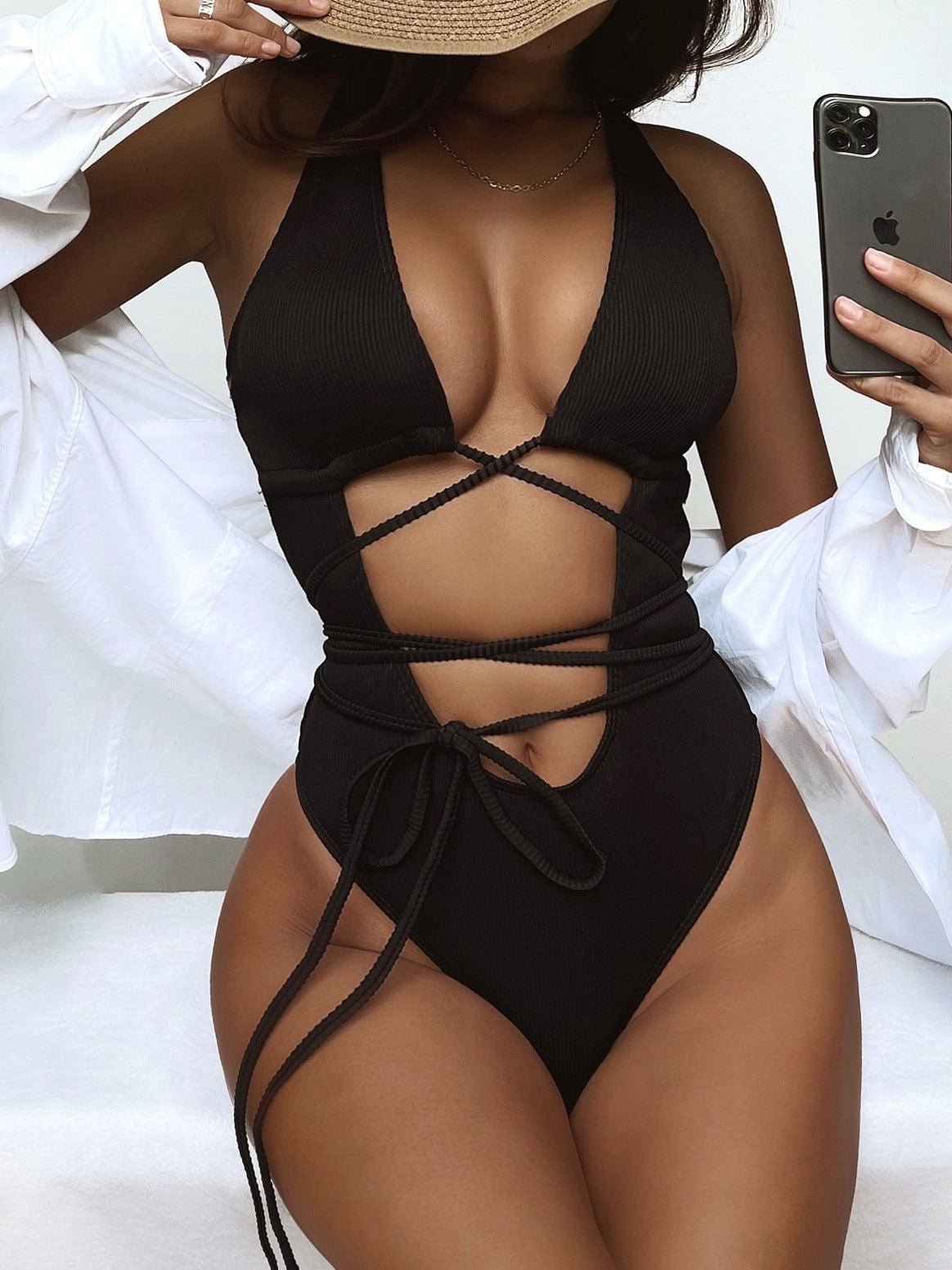 Swimsuits Solid Cutout Tie Bikini One Piece Swimsuit