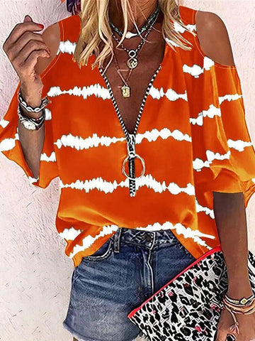 Striped Print Zip Off-Shoulder Mid-Sleeve T-Shirt