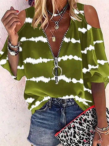 Striped Print Zip Off-Shoulder Mid-Sleeve T-Shirt