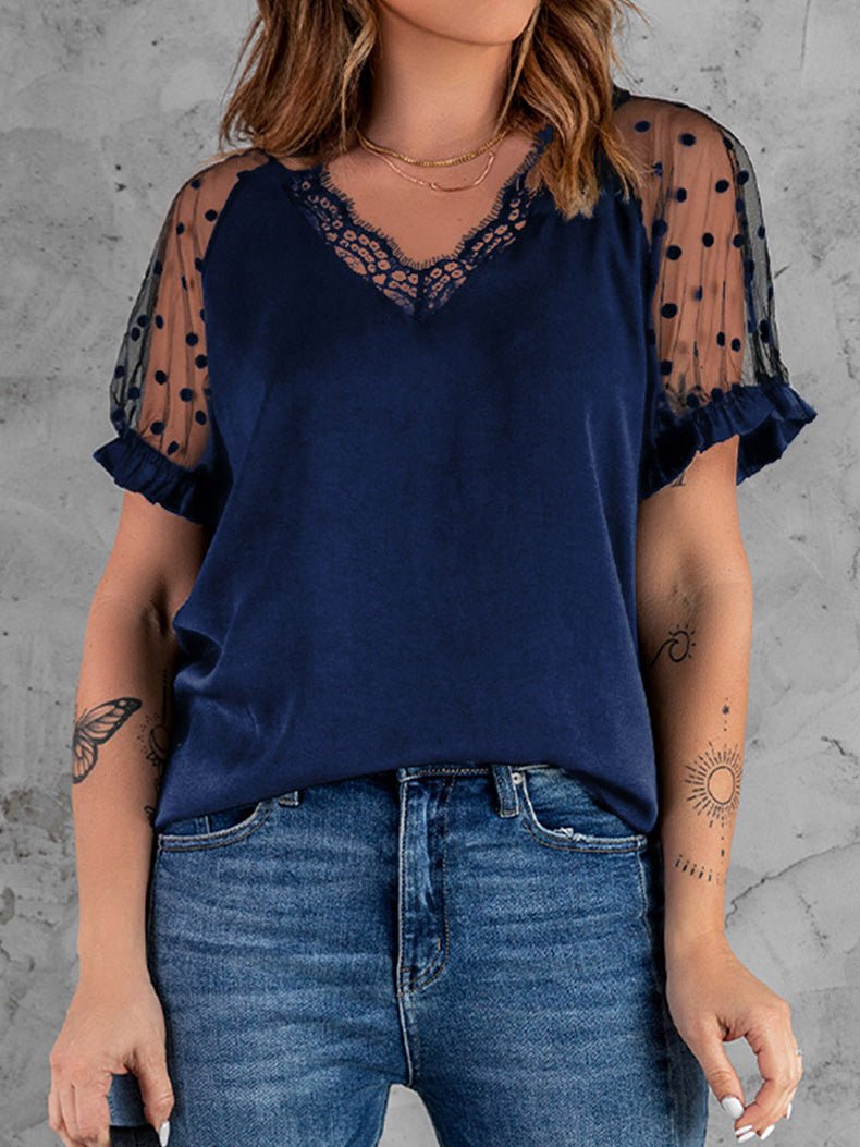 V-Neck Lace Mesh Short Sleeve T-Shirt