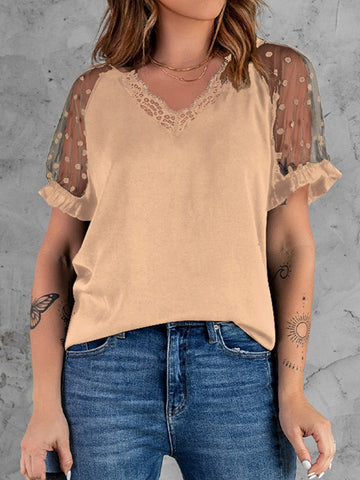 V-Neck Lace Mesh Short Sleeve T-Shirt