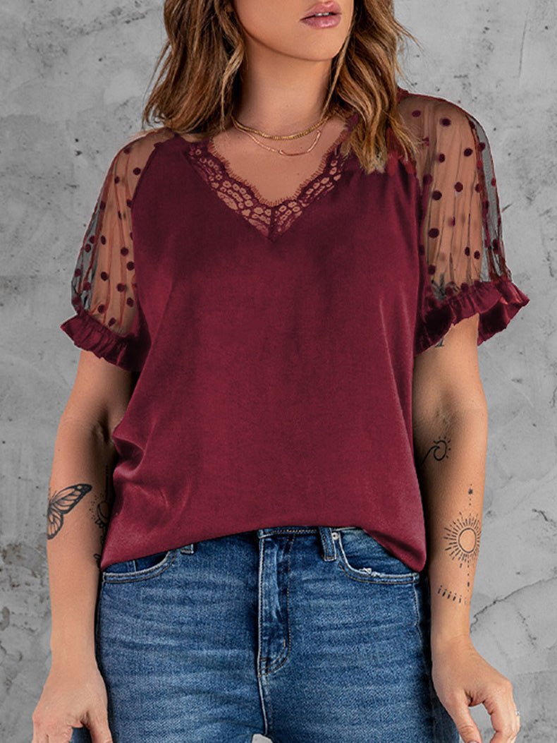 V-Neck Lace Mesh Short Sleeve T-Shirt