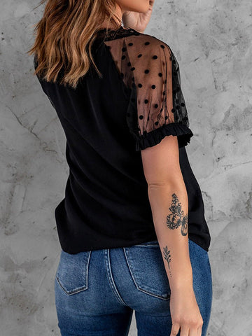 V-Neck Lace Mesh Short Sleeve T-Shirt